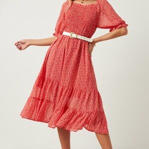 Hayden Smocked Ruffle Red Floral Midi Dress Medium Cottagecore Boho Silk Fall